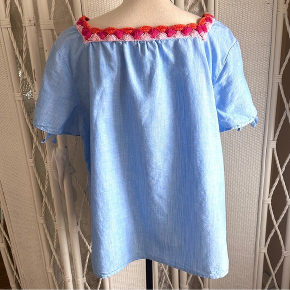 Talbots Blue Linen Top Crochet Trim Pink Coral Short Tie Sleeve Blouse size 2XP - Picture 9 of 16